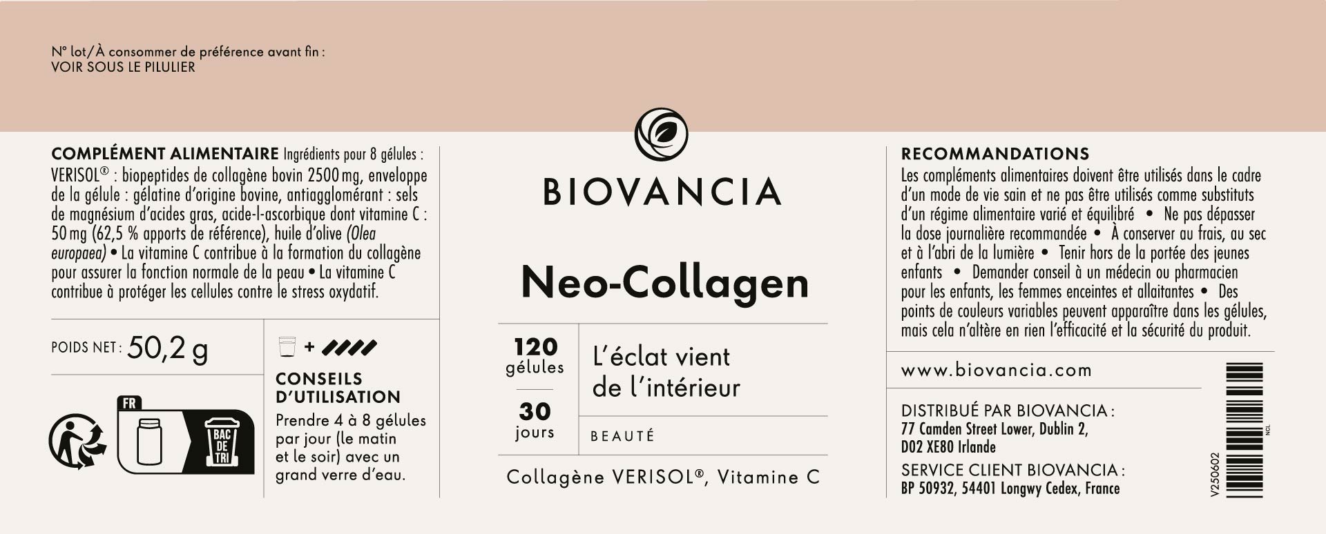 étiquette produit, Néo-Collagen, 120 gélules pour 30 jours